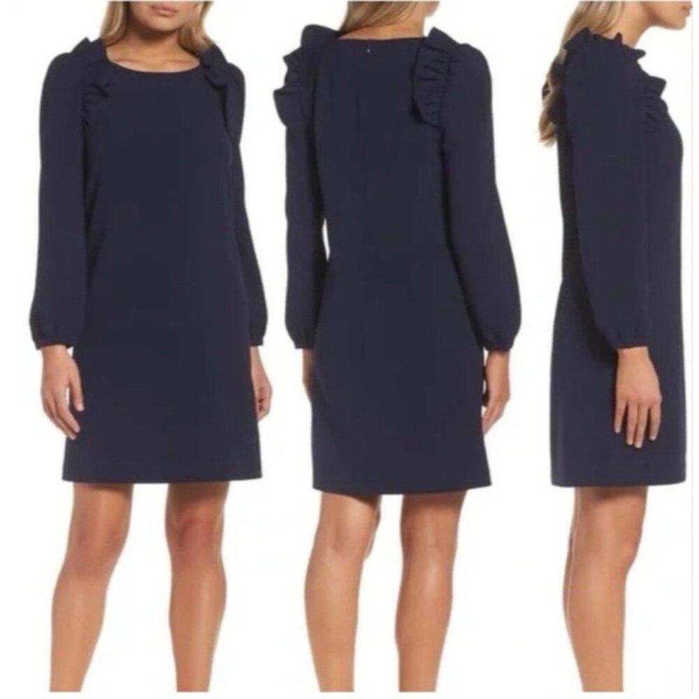 Chelsea28 Navy Blue Stretch Shift Long Sleeve 2 XS Ruffle Washable Career Church